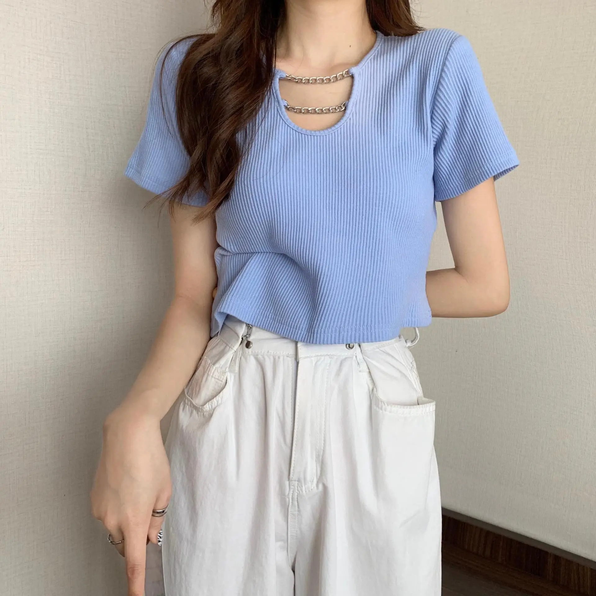 Women Blue Short Sleeve T-Shirt High Waist Pants Set — feature 11