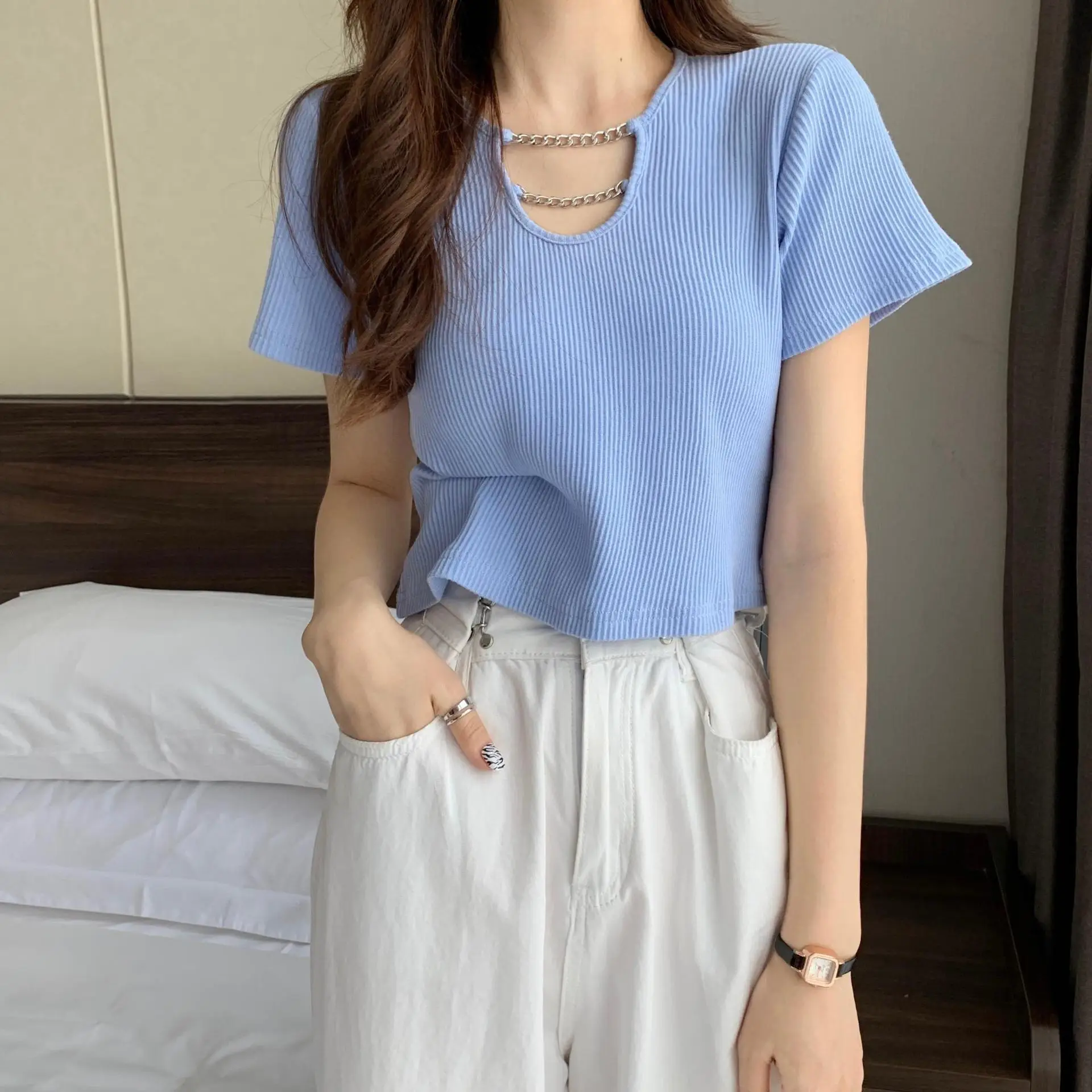 Women Blue Short Sleeve T-Shirt High Waist Pants Set — feature 13