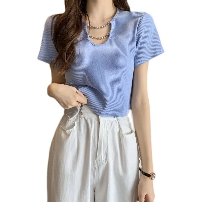 Women Blue Short Sleeve T-Shirt High Waist Pants Set — feature 15