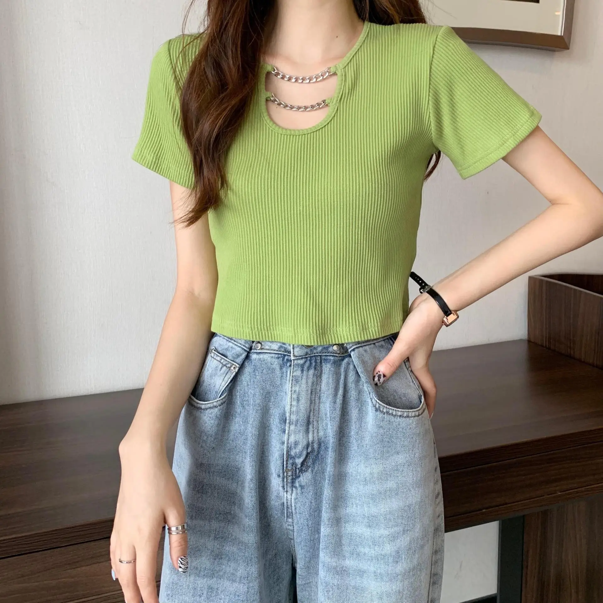 Women Blue Short Sleeve T-Shirt High Waist Pants Set — feature 4