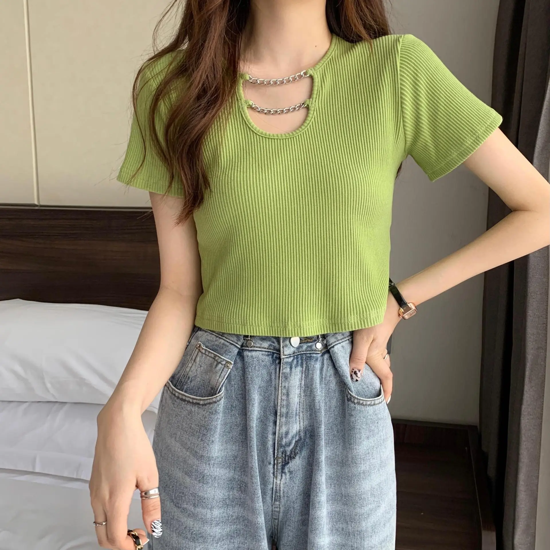 Women Blue Short Sleeve T-Shirt High Waist Pants Set — feature 5