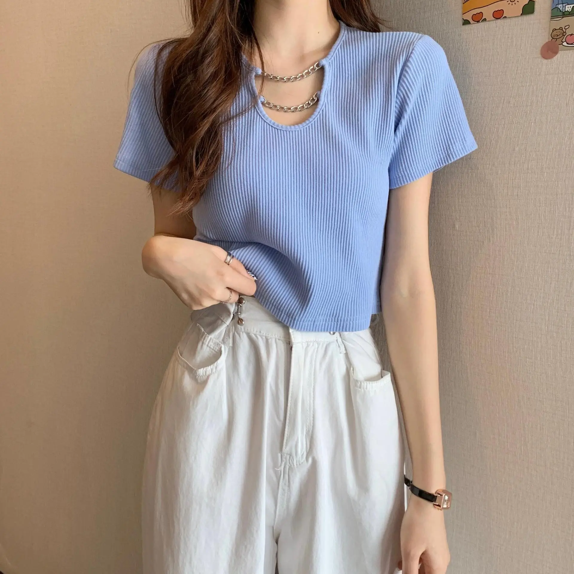 Women Blue Short Sleeve T-Shirt High Waist Pants Set — feature 8
