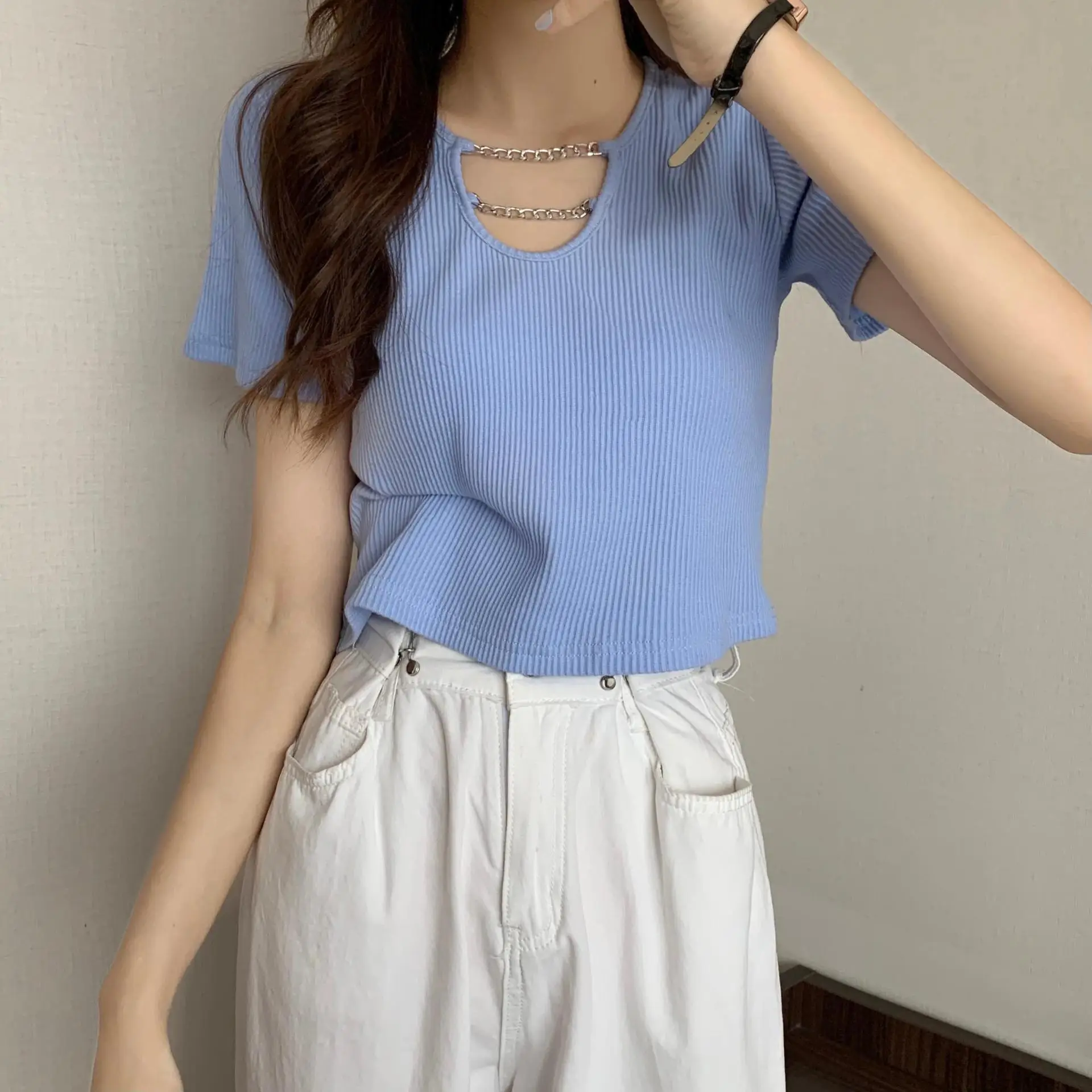 Women Blue Short Sleeve T-Shirt High Waist Pants Set — feature 9