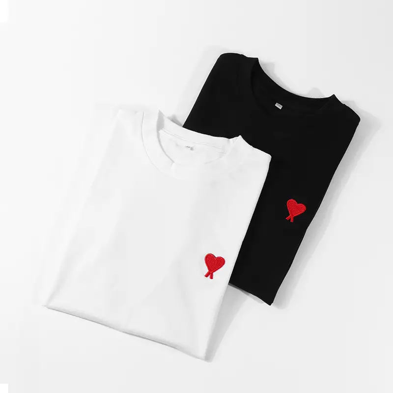 Men Women Cotton T-Shirt White Black Heart Embroidery - Image 4