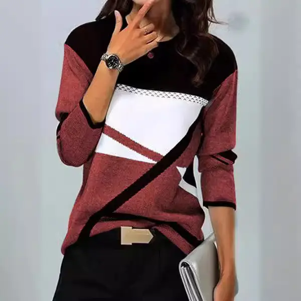 European American Cross-Country Women's Grey Striped Crew Neck T-Shirt - Image 47