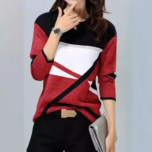 European American Cross-Country Women's Grey Striped Crew Neck T-Shirt - Image 48