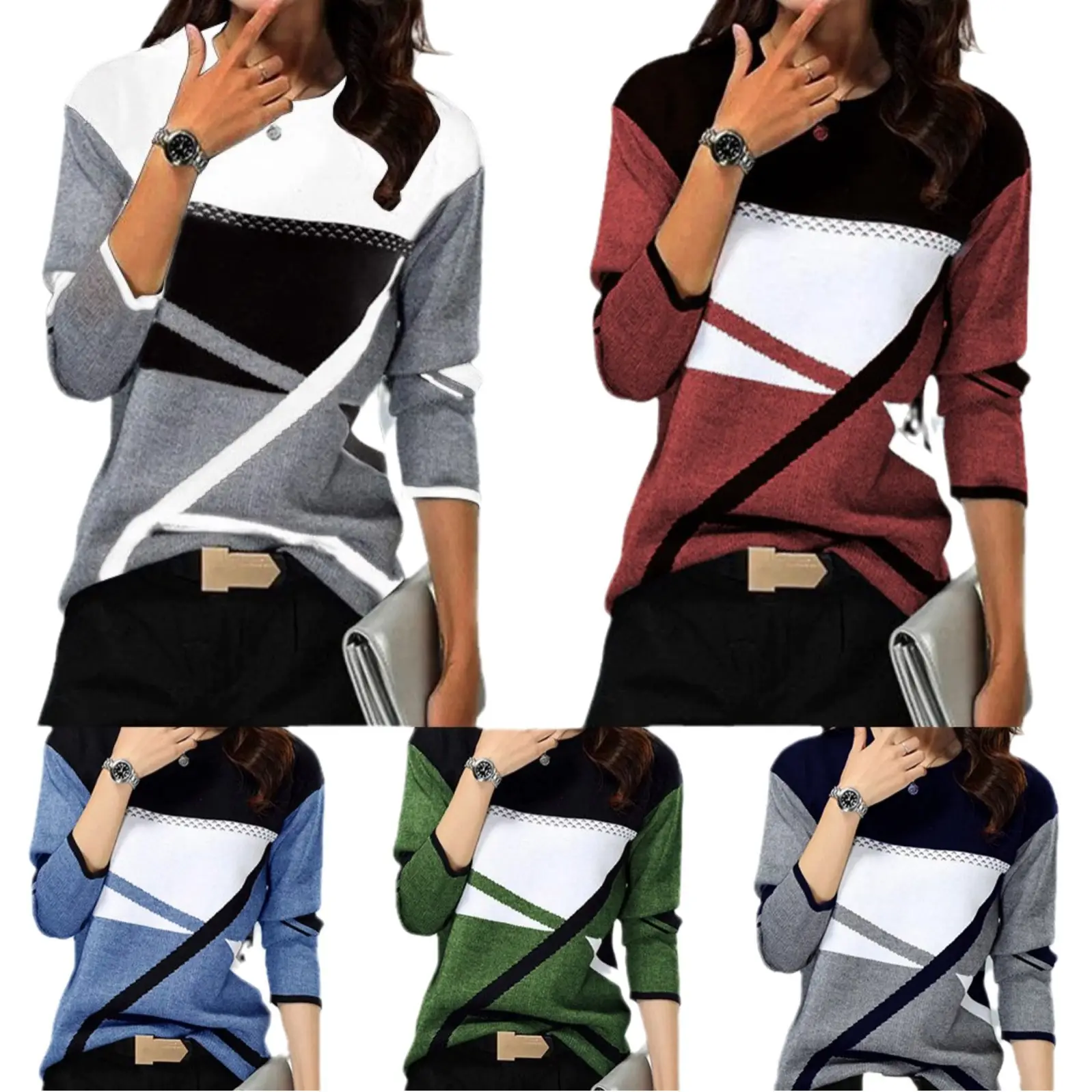 European American Cross-Country Women's Grey Striped Crew Neck T-Shirt - Image 49