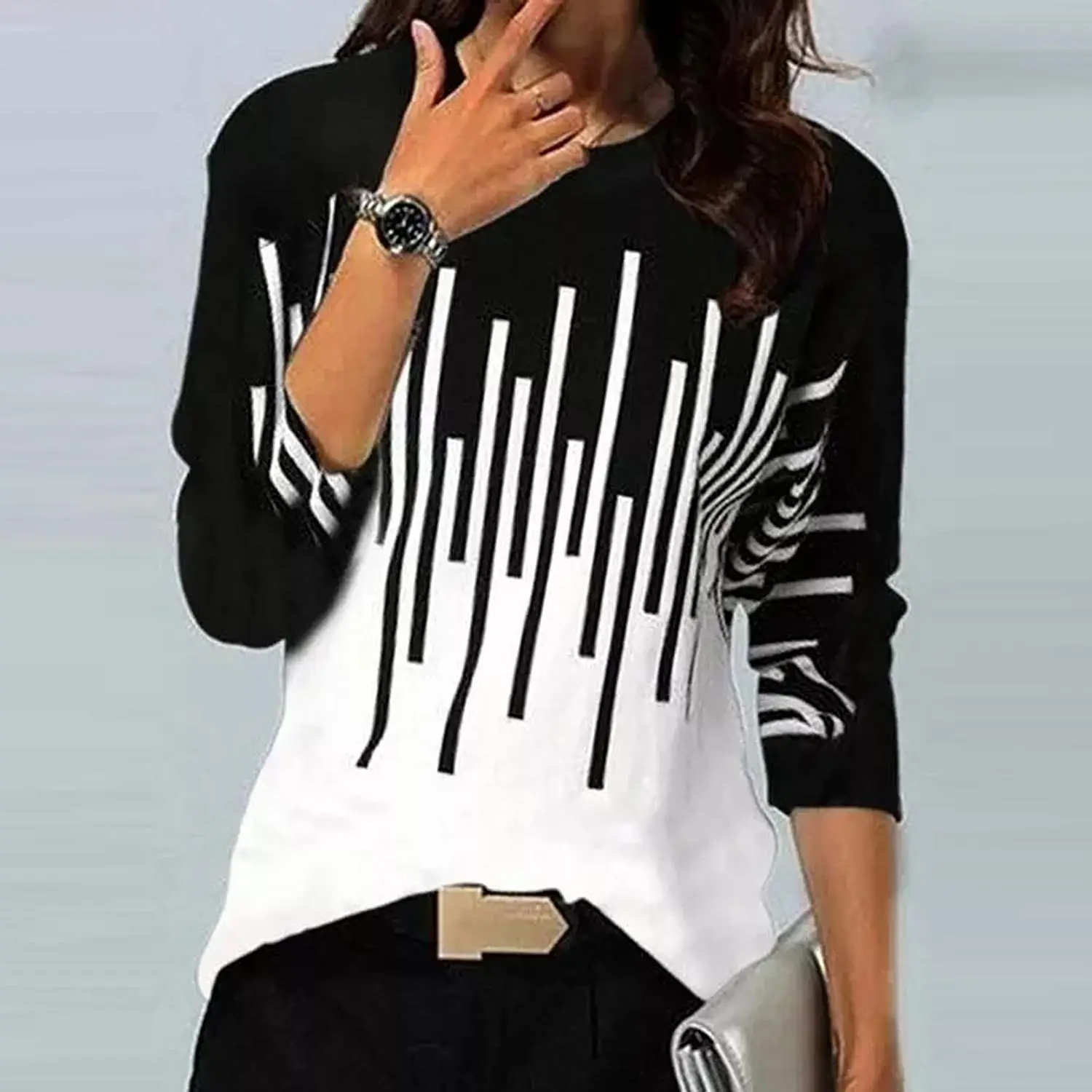 European American Cross-Country Women's Grey Striped Crew Neck T-Shirt - Image 15