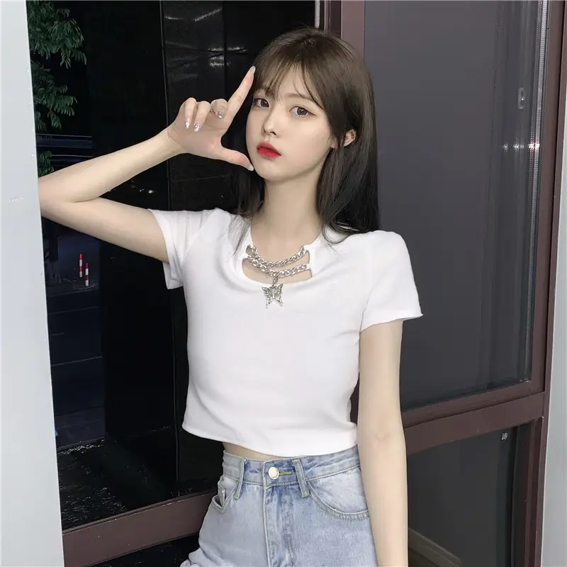 Black Hollow Butterfly Chain Short Sleeve T-Shirt Women