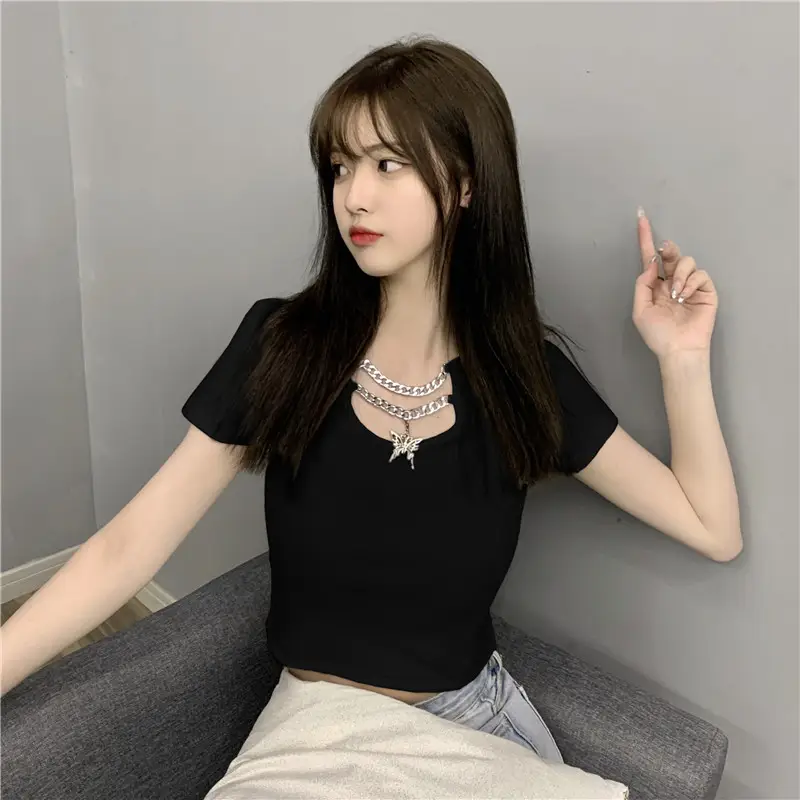 Black Hollow Butterfly Chain Short Sleeve T-Shirt Women