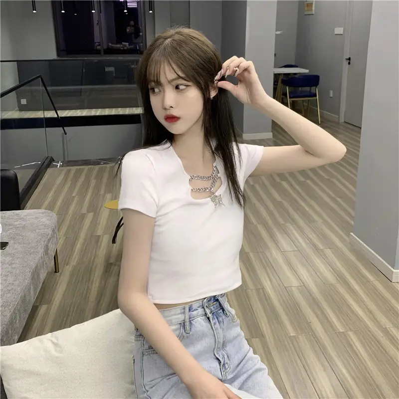 Black Hollow Butterfly Chain Short Sleeve T-Shirt Women