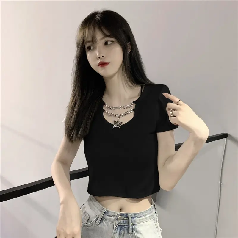 Black Hollow Butterfly Chain Short Sleeve T-Shirt Women