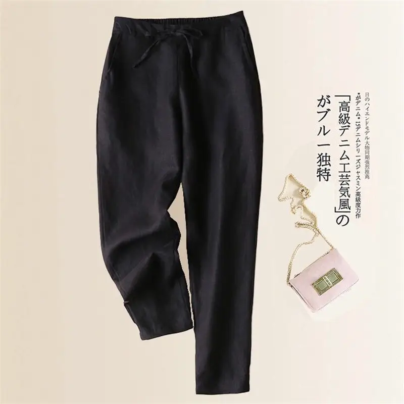 Women Linen Slimming Pants Large Black Ankle Length - Image 10