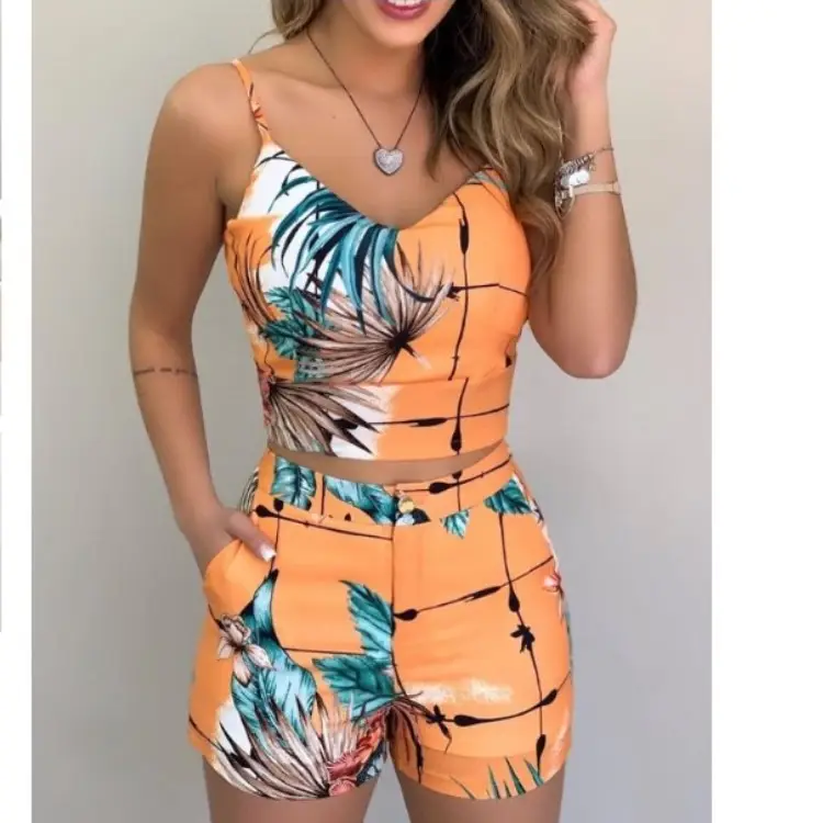 Women Cherry Print Slim Fit Shorts Suit Summer