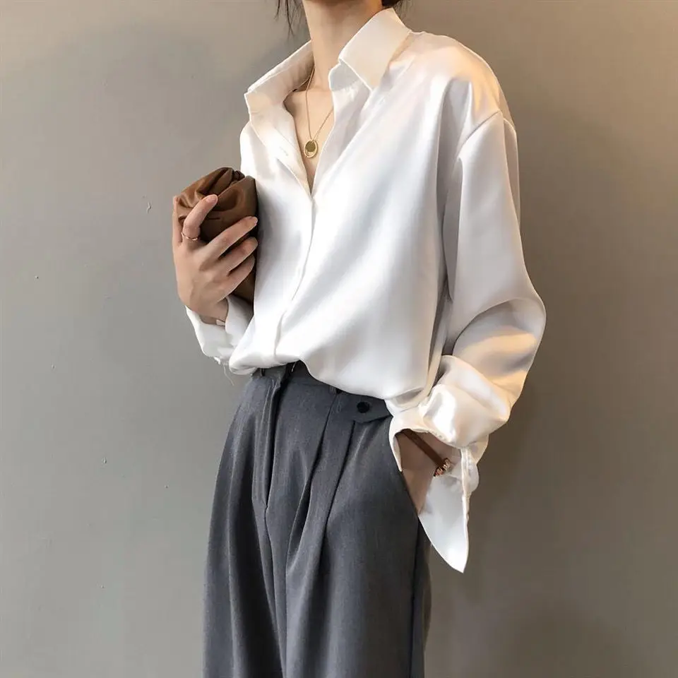 2021 Silk Satin Women's Shirt Light White Loose Fit - Image 6
