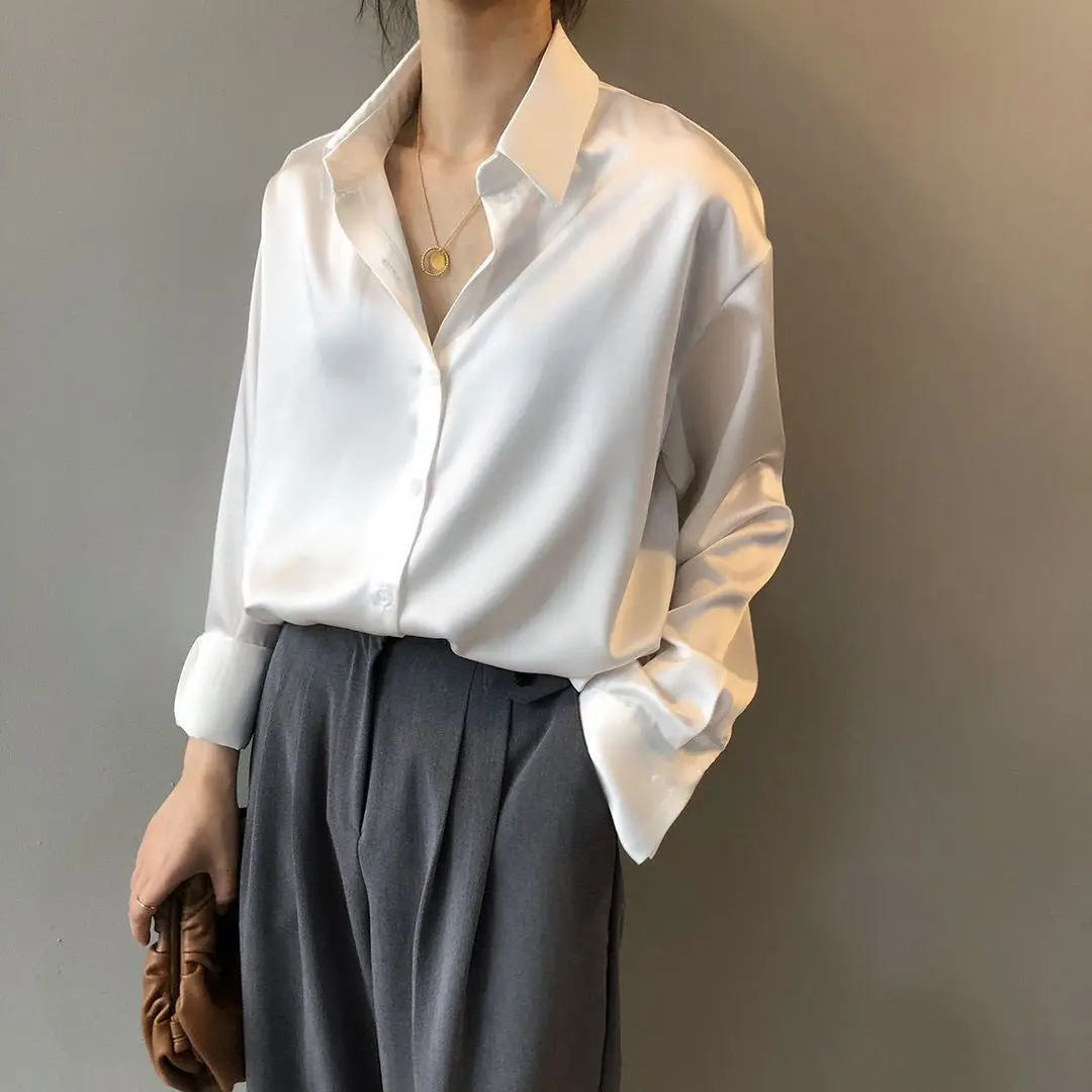 2021 Silk Satin Women's Shirt Light White Loose Fit — feature 11