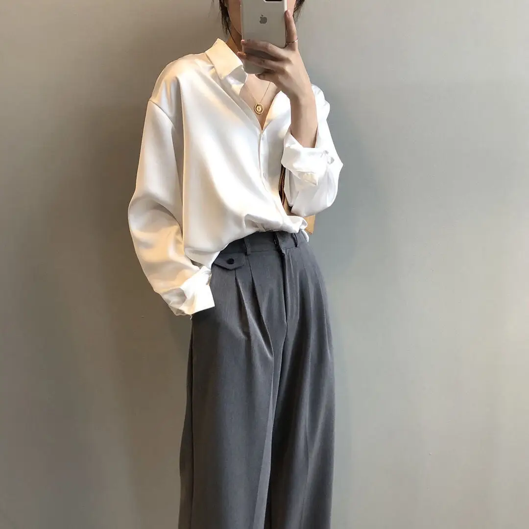 2021 Silk Satin Women's Shirt Light White Loose Fit — feature 12