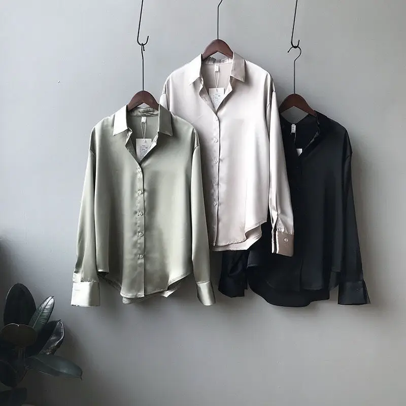 2021 Silk Satin Women's Shirt Light White Loose Fit — feature 13