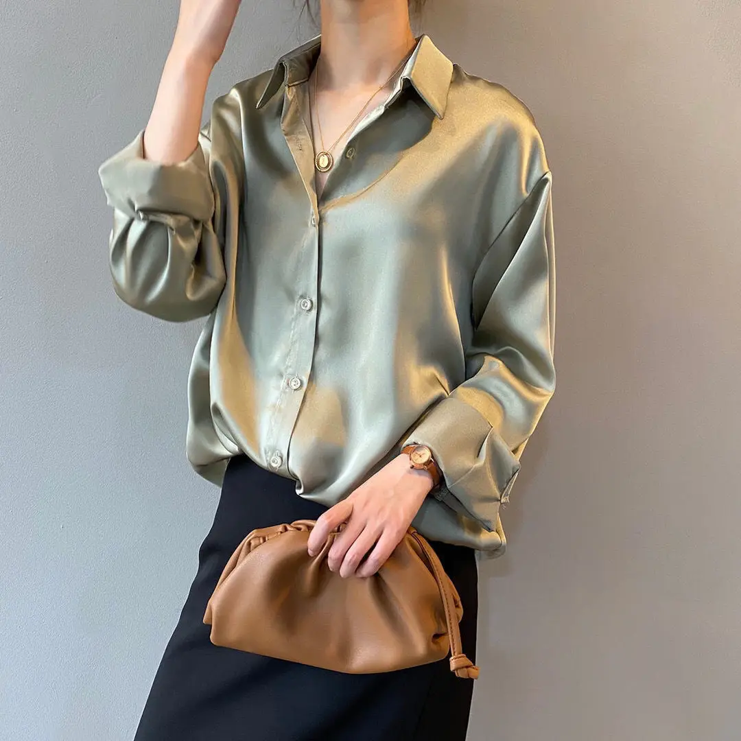 2021 Silk Satin Women's Shirt Light White Loose Fit — feature 8