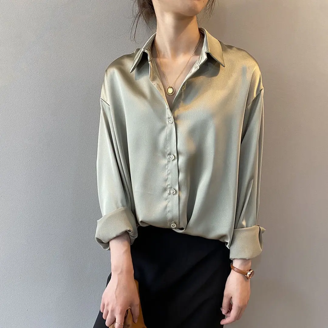 2021 Silk Satin Women's Shirt Light White Loose Fit — feature 9