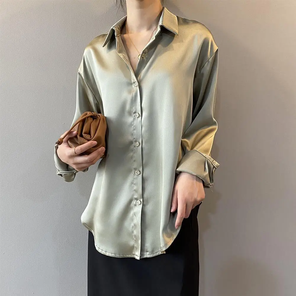 2021 Silk Satin Women's Shirt Light White Loose Fit - Image 3