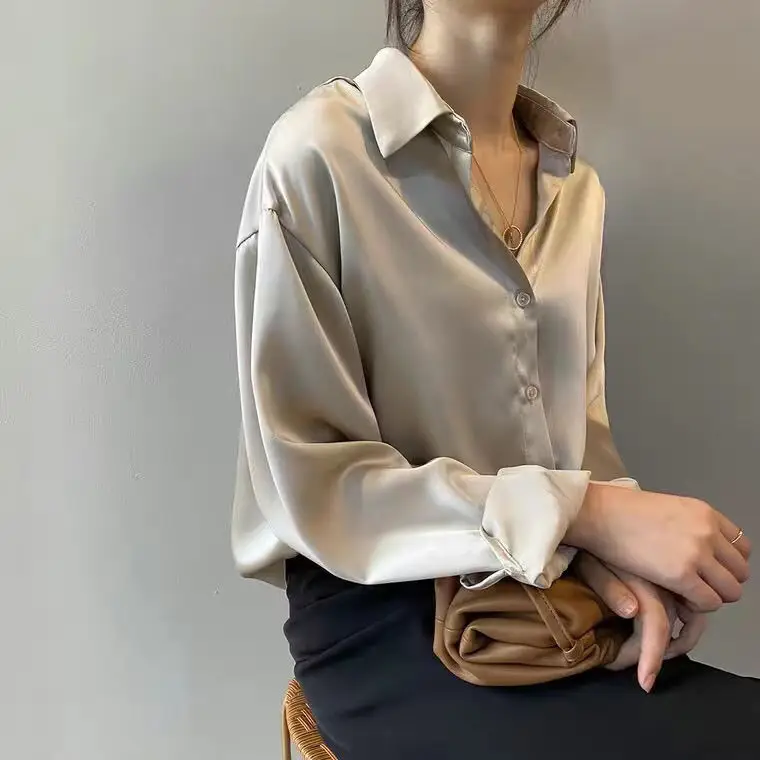 2021 Silk Satin Women's Shirt Light White Loose Fit - Image 4