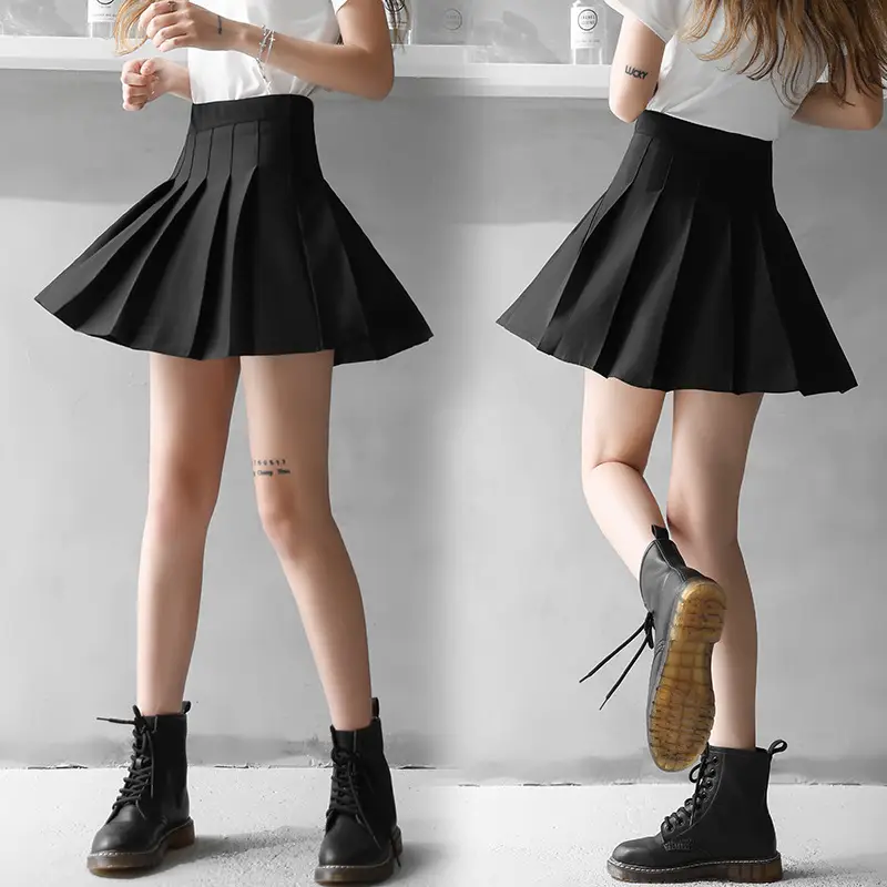 Women's Elastic Waist Pleated Skirt Black White - Image 6