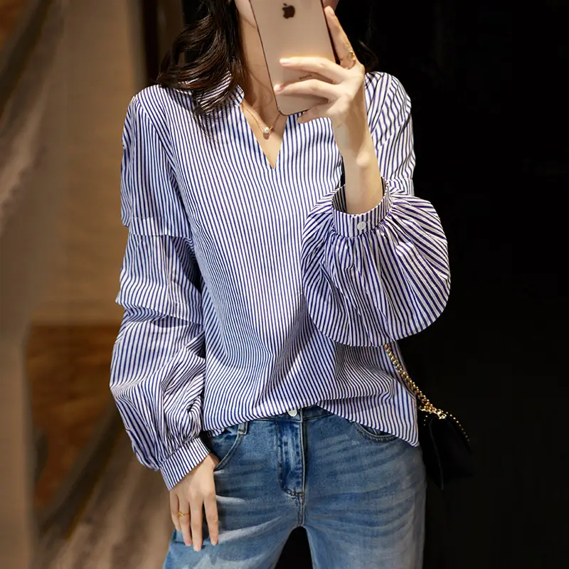 Women V Neck Striped Shirt Blue White Lantern Sleeve 2025 - Image 2