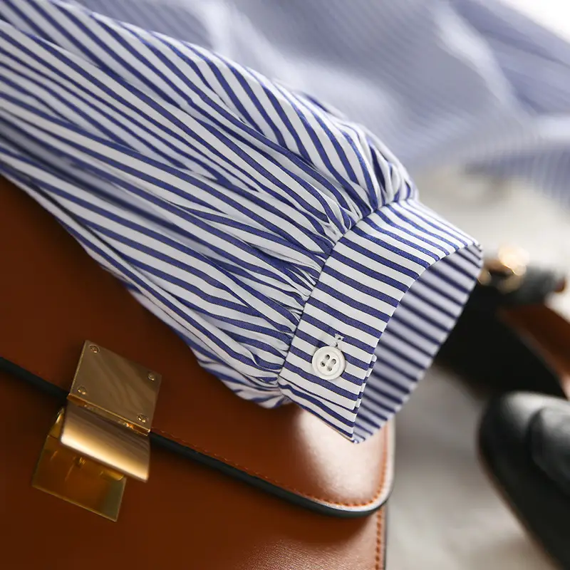 Women V Neck Striped Shirt Blue White Lantern Sleeve 2025 - Image 4