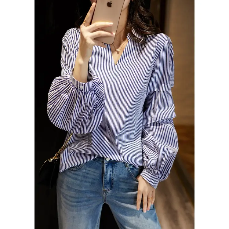 Women V Neck Striped Shirt Blue White Lantern Sleeve 2025 - Image 5