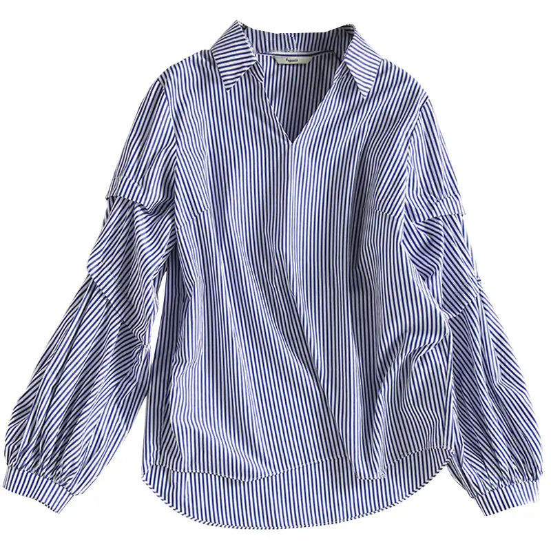 Women V Neck Striped Shirt Blue White Lantern Sleeve 2025 - Image 6