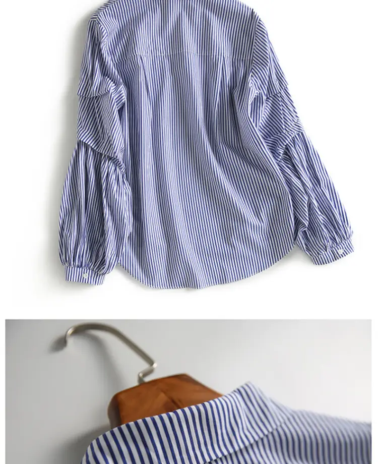 Women V Neck Striped Shirt Blue White Lantern Sleeve 2025 — feature 15