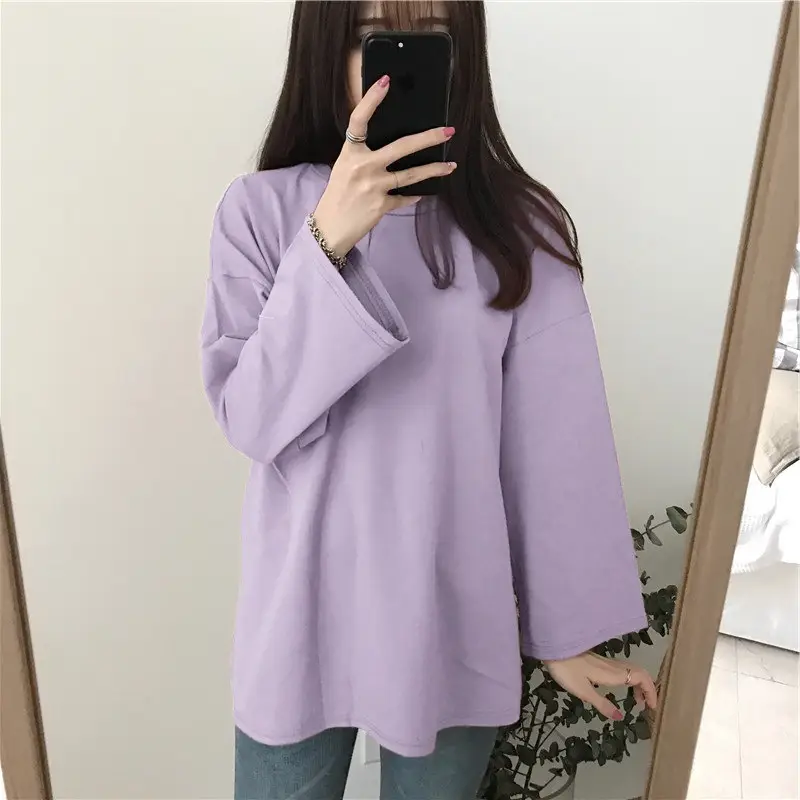 Women Long Sleeve T-Shirt Purple Loose Spring Autumn Korean Style - Image 3