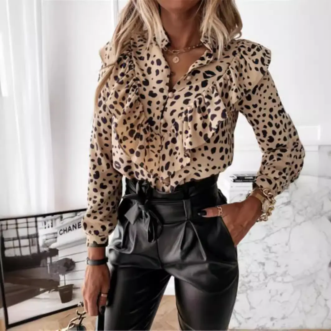 Women Ruffled Printed Long Sleeve Shirt Black Pants Large - Image 10
