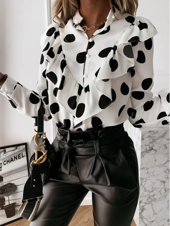 Women Ruffled Printed Long Sleeve Shirt Black Pants Large - Image 4