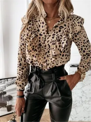 Women Ruffled Printed Long Sleeve Shirt Black Pants Large - Image 6