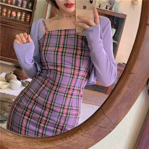 Purple Plaid 2-Piece Dress for Women Spring New Arrival - Image 3