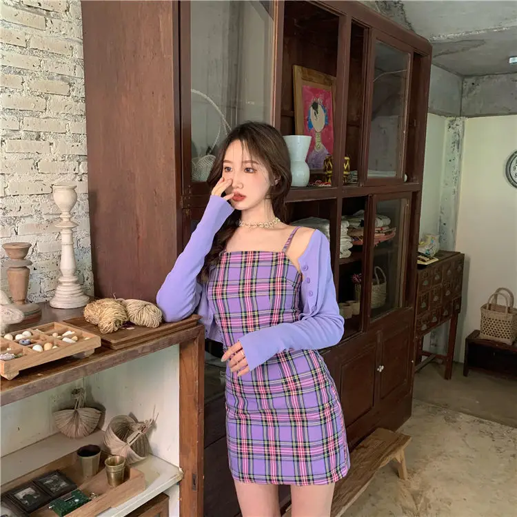 Purple Plaid 2-Piece Dress for Women Spring New Arrival — feature 12