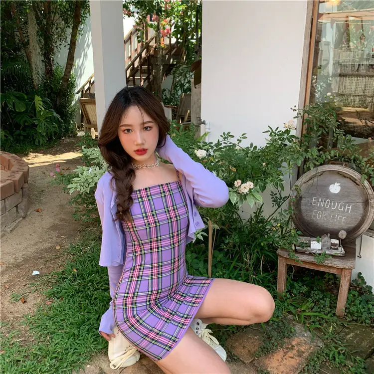 Purple Plaid 2-Piece Dress for Women Spring New Arrival — feature 3