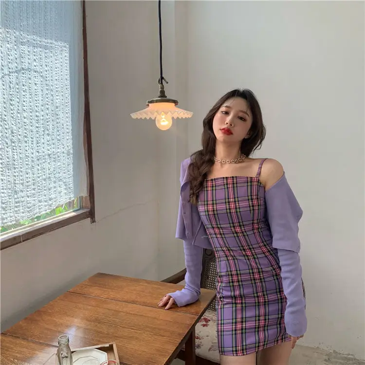 Purple Plaid 2-Piece Dress for Women Spring New Arrival — feature 7