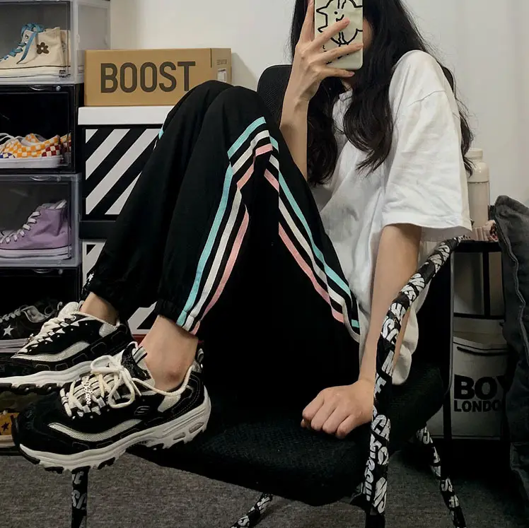 Women's White Striped Loose Toe Sports Pants - Image 3
