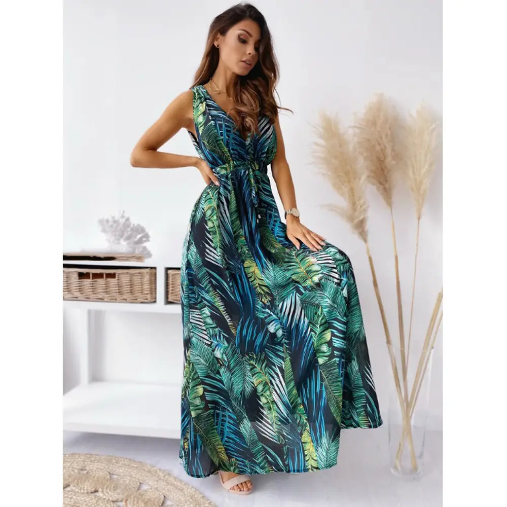 Printed Backless Long Skirt V Neck Strappy Dress - Image 8