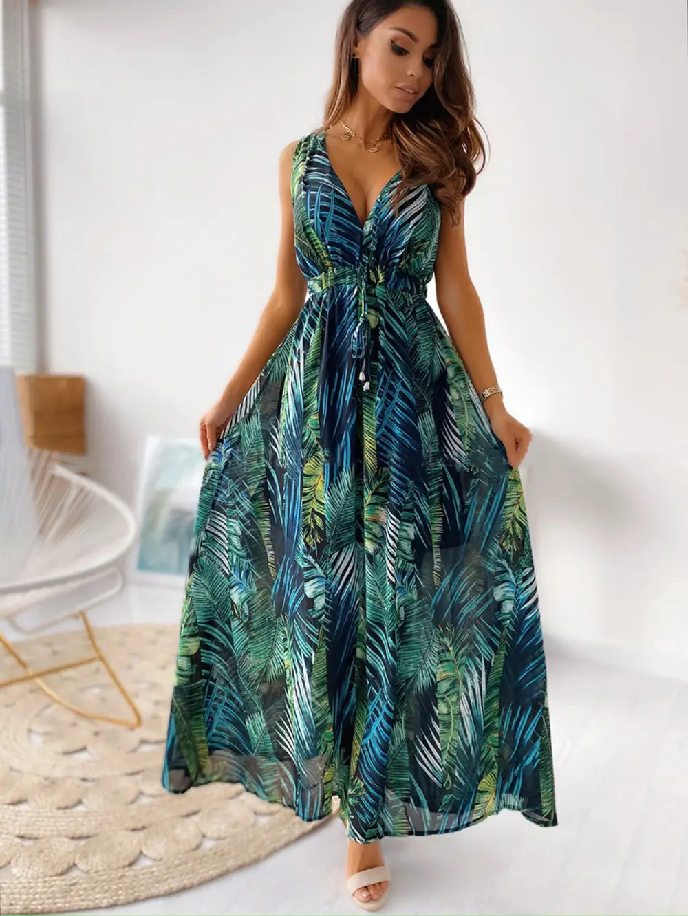 Printed Backless Long Skirt V Neck Strappy Dress - Image 2