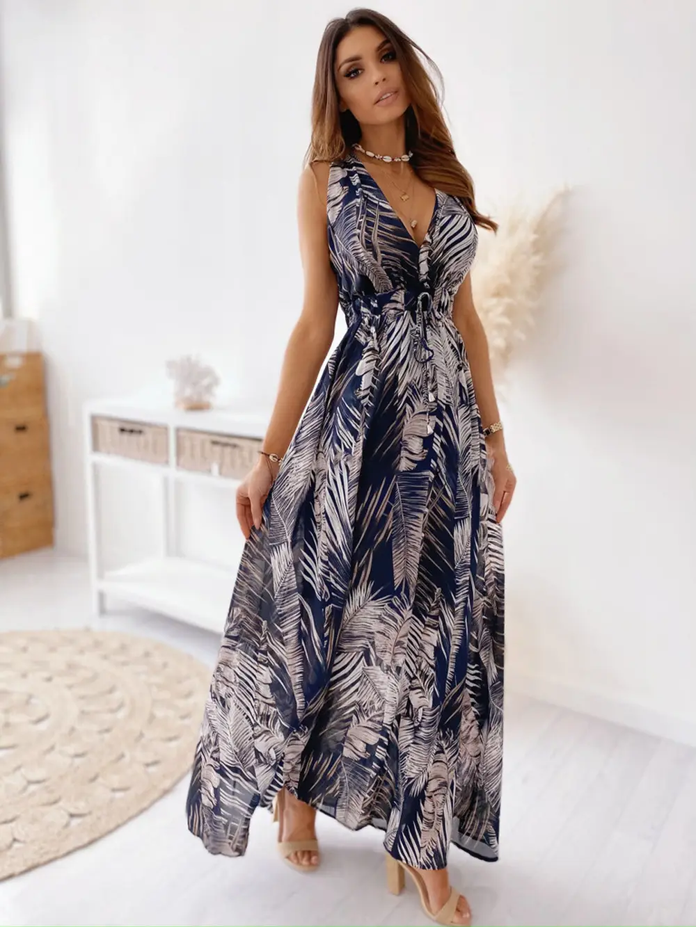 Printed Backless Long Skirt V Neck Strappy Dress - Image 4