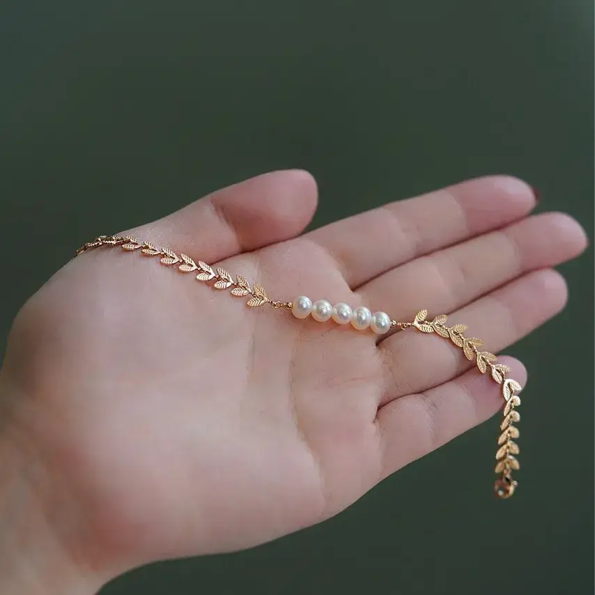 Pearl Leaf Goddess Bracelet Gold Plated All Match - Image 4