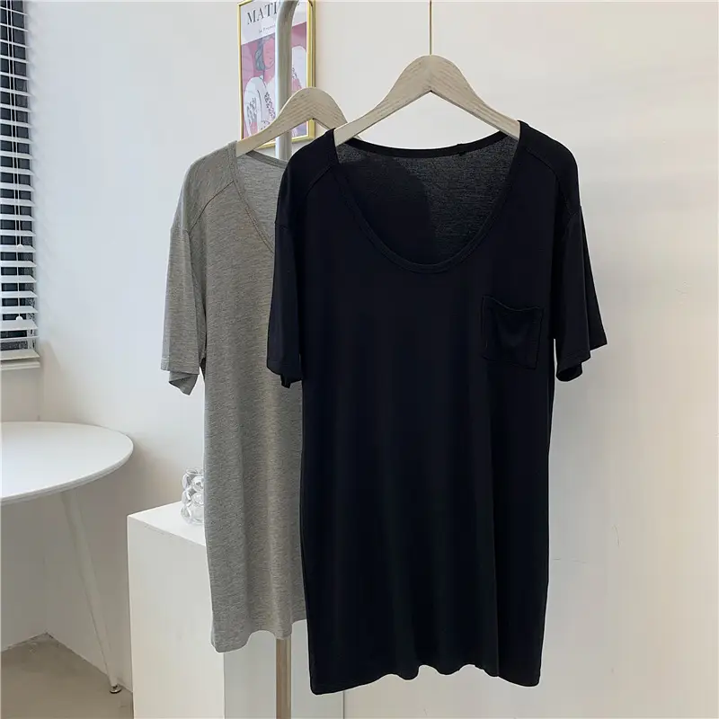 Women's Black Pocket Crew T-Shirt Thin Drapey - Image 3