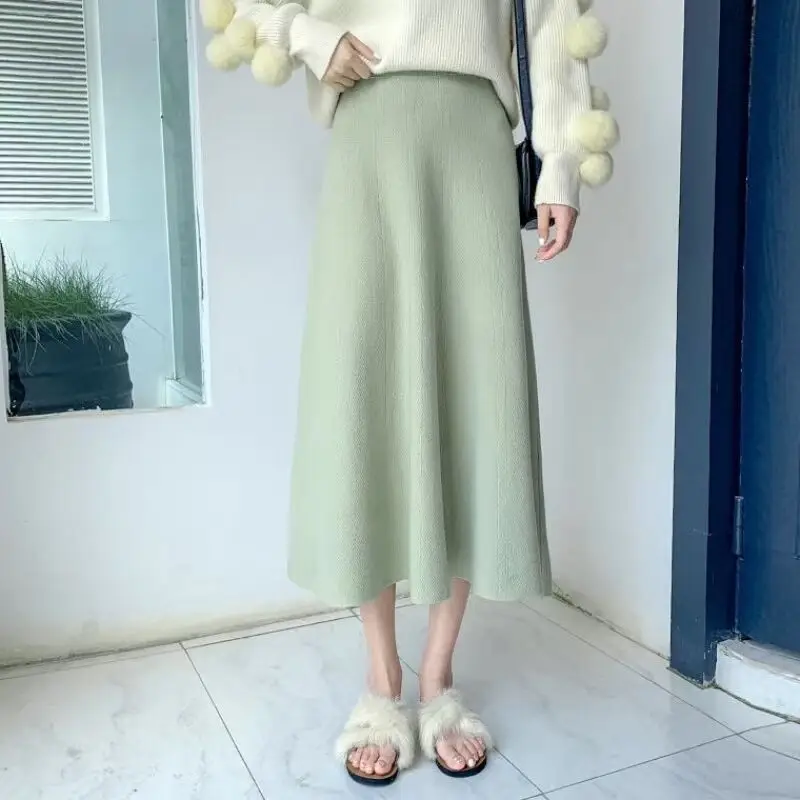 Women Knitted A-Line Woolen Skirt Blue Mid Length - Image 4