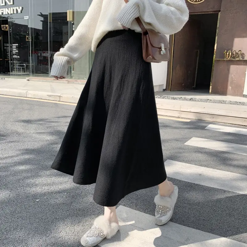 Women Knitted A-Line Woolen Skirt Blue Mid Length - Image 2