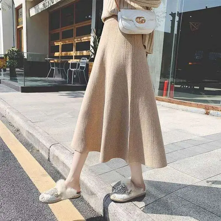 Women Knitted A-Line Woolen Skirt Blue Mid Length - Image 5