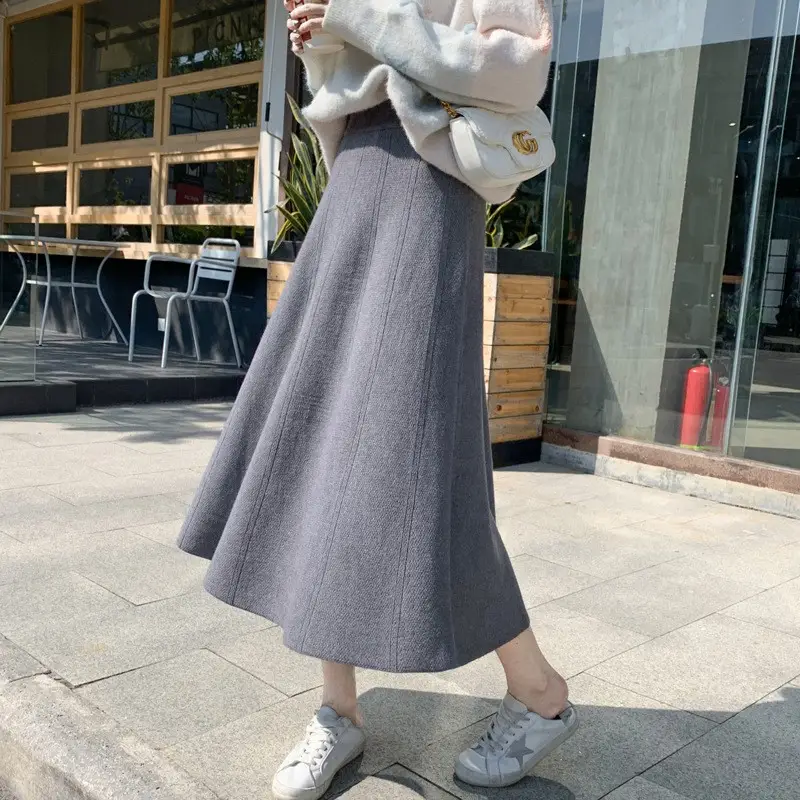 Women Knitted A-Line Woolen Skirt Blue Mid Length - Image 6
